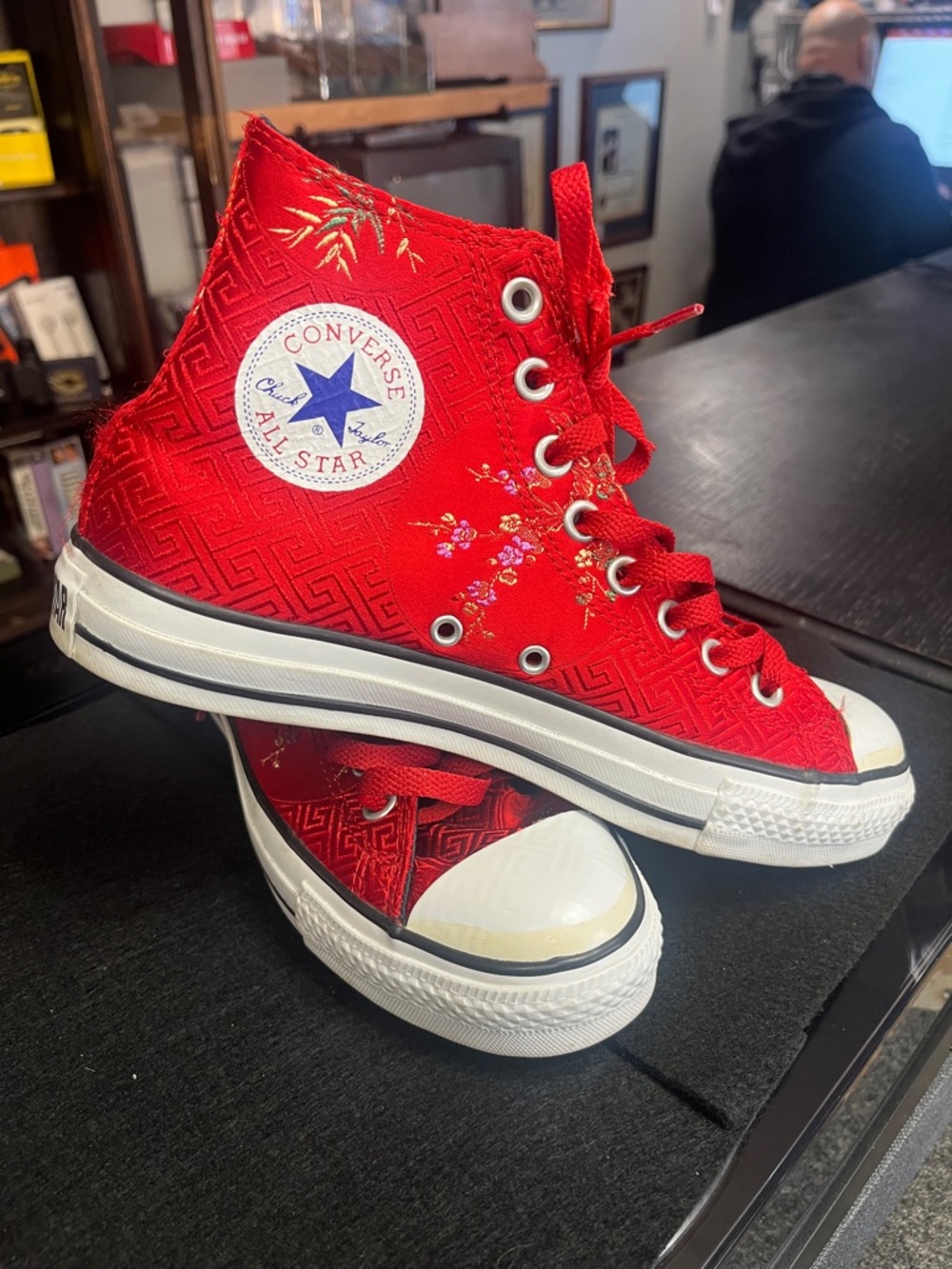 Converse Red High Top Sneakers with Floral Embroidery